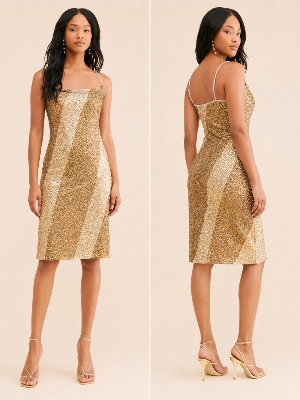 BL-NK Gold Sequin Bodycon Midi Slip Dress Adjustable Straps XS NWT